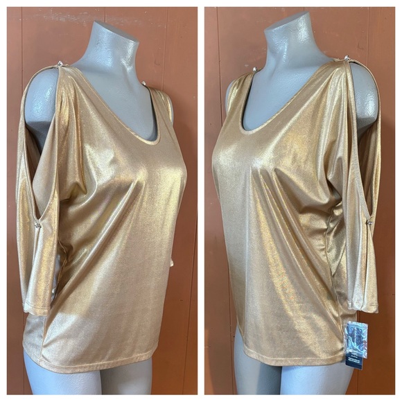 NWT INC International Concepts Going Global Metallic Gold Cold Shoulder Top S - Picture 3 of 8